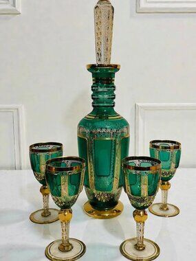 Moser Antique Emerald Cabochon Crystal Decanter • Bohemian Gold Gilt Set with 4